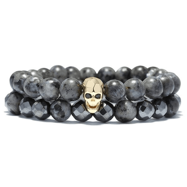 Skull 'n Stone- Mens Hematite & Agate Stone STRENGTH Bracelet Set